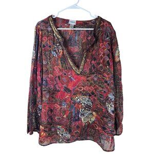 Chicos Red Boho V-Neck Beaded Tunic Top Size 2 Multicolor Lightweight 100% Rayon